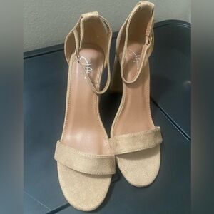Women's Tan Suede Block Heel Sandal with Ankle Strap